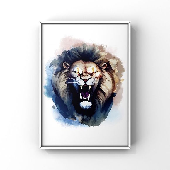 Blue Brown Watercolor Lion Portrait Wall Art Home Decor Poster Print - Picture 2 of 3
